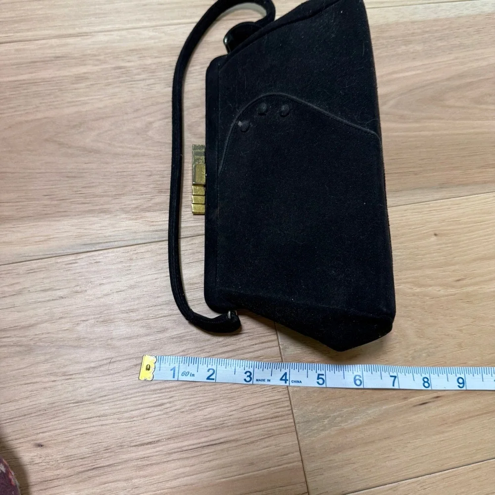 Vintage Handbag Women Small Black  Suede Art Deco Bag Attached Coin Purse